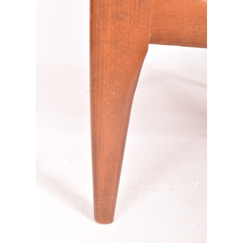 121 - Parker Knoll - a vintage mid century teak wood framed upholstered armchair. The chair featuring gree... 
