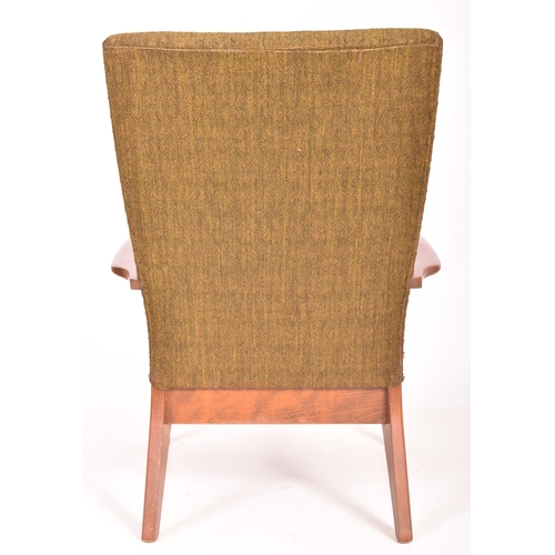 121 - Parker Knoll - a vintage mid century teak wood framed upholstered armchair. The chair featuring gree... 