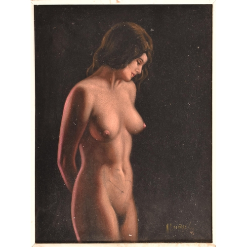 137 - A 20th century continental school portrait of a female nude velvet fabric painting. The artwork feat... 