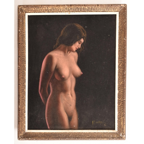 137 - A 20th century continental school portrait of a female nude velvet fabric painting. The artwork feat... 
