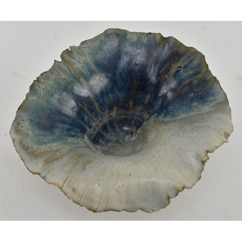 177 - A studio art pottery glazed ceramic vase. The vase having a flared napkin-style rim with blue tones ... 