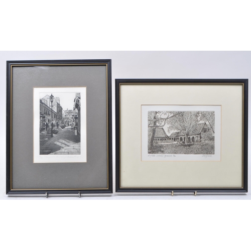 363 - Three late 20th century black and white etchings. Comprised of 1998 'Margarets Buildings' by Andrew ... 