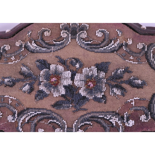 211 - Victorian 19th century mahogany framed beadwork wall hanging / table top piece with four ceramic bun... 