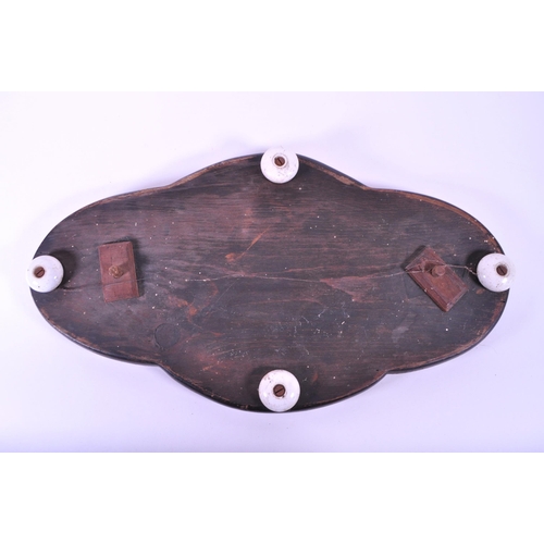 211 - Victorian 19th century mahogany framed beadwork wall hanging / table top piece with four ceramic bun... 