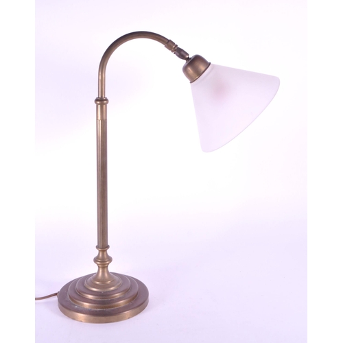218 - Laura Ashley - Late 20th brass table lamp with a stepped circular base, goose neck and frosted glass... 