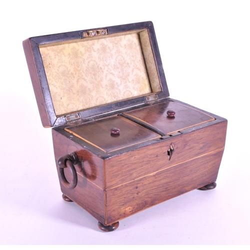245 - 19th century Victorian walnut sarcophagus tea caddy raised on four bun feet and opening to reveal tw... 
