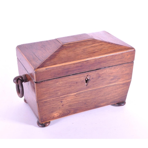 245 - 19th century Victorian walnut sarcophagus tea caddy raised on four bun feet and opening to reveal tw... 