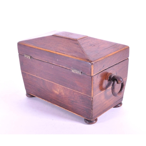 245 - 19th century Victorian walnut sarcophagus tea caddy raised on four bun feet and opening to reveal tw... 
