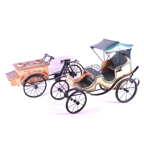 249 - Two 20th century models of an ice cream cart and Victorian style car. Constructed with wooden hand p... 