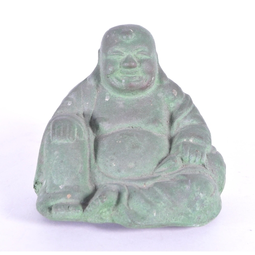 273 - An early 20th century metal Chinese laughing Buddha, Hotei. Patinaed throughout in a seated position... 