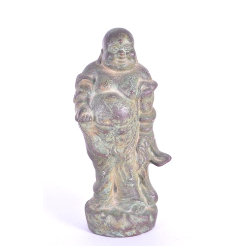 274 - A vintage 20th century metal standing Chinese laughing Buddha. Measures approx. 22cm tall - Patina t... 