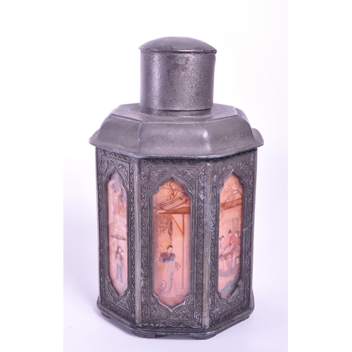 279 - Early 20th century Chinese pewter tea caddy. With removable lid to top, octagonal body with painted ... 