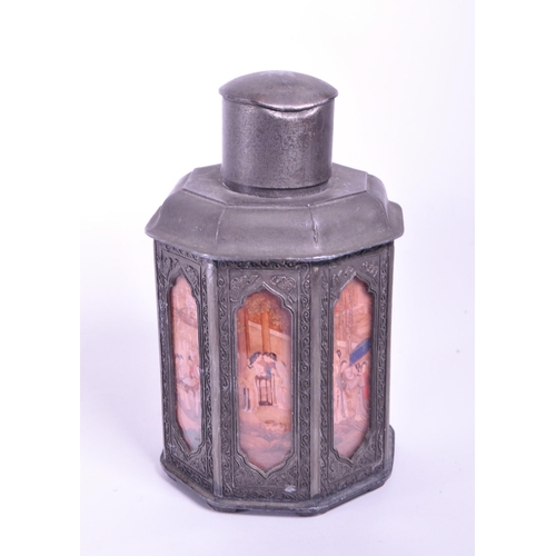 279 - Early 20th century Chinese pewter tea caddy. With removable lid to top, octagonal body with painted ... 