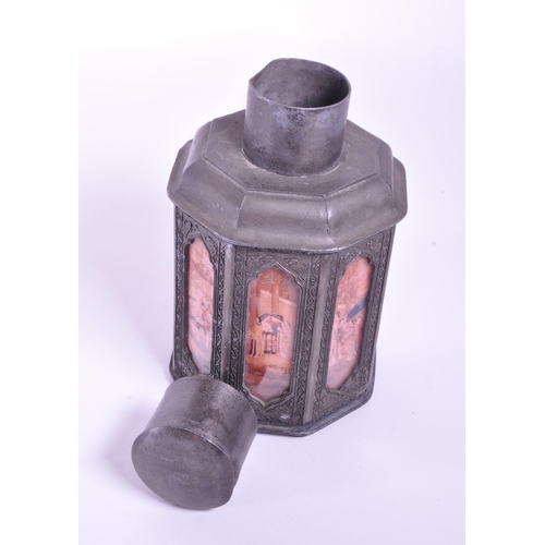 279 - Early 20th century Chinese pewter tea caddy. With removable lid to top, octagonal body with painted ... 