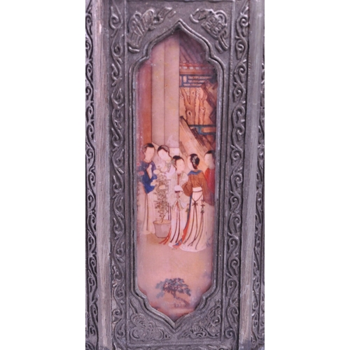 279 - Early 20th century Chinese pewter tea caddy. With removable lid to top, octagonal body with painted ... 