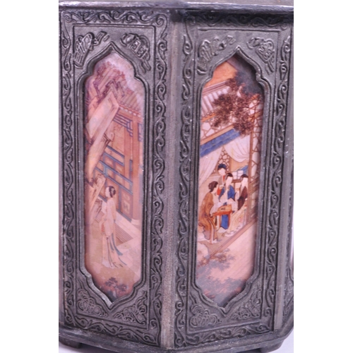 279 - Early 20th century Chinese pewter tea caddy. With removable lid to top, octagonal body with painted ... 