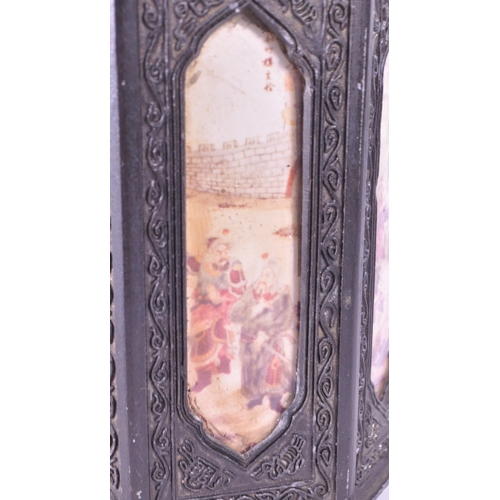 285 - An early 20th century Chinese pewter teapot. Circa 1920s with hand painted panels, swing carry handl... 