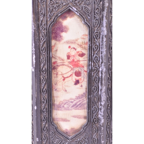 285 - An early 20th century Chinese pewter teapot. Circa 1920s with hand painted panels, swing carry handl... 