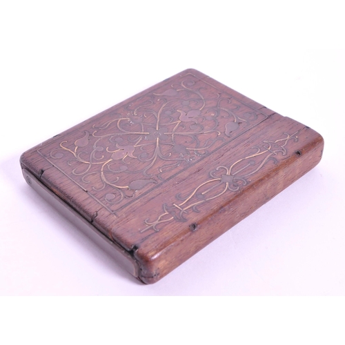 289 - Early 20th century brass inlaid cigarette case. With metal arms and brass inlay decoration.
 (8cm x ... 