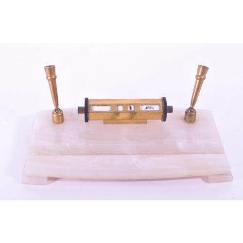 290 - A vintage mid 20th century alabaster onyx office desk tidy perpetual calendar. Brass construction wi... 