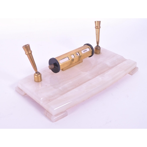 290 - A vintage mid 20th century alabaster onyx office desk tidy perpetual calendar. Brass construction wi... 