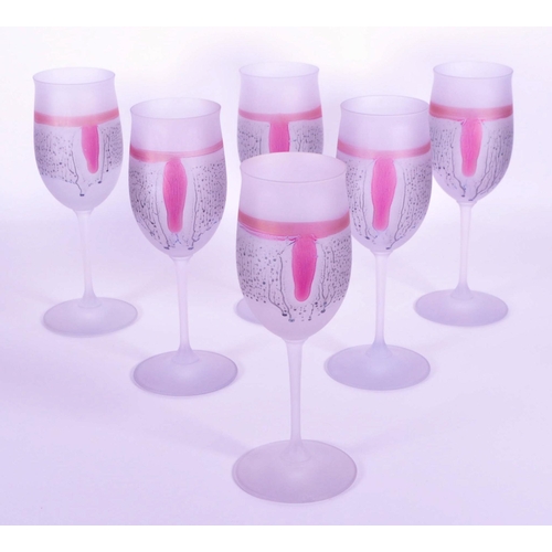 382 - A collection of six vintage mid 20th century tutti frutti wine glass flutes. Each raised on rounded ... 
