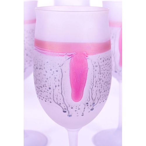 382 - A collection of six vintage mid 20th century tutti frutti wine glass flutes. Each raised on rounded ... 