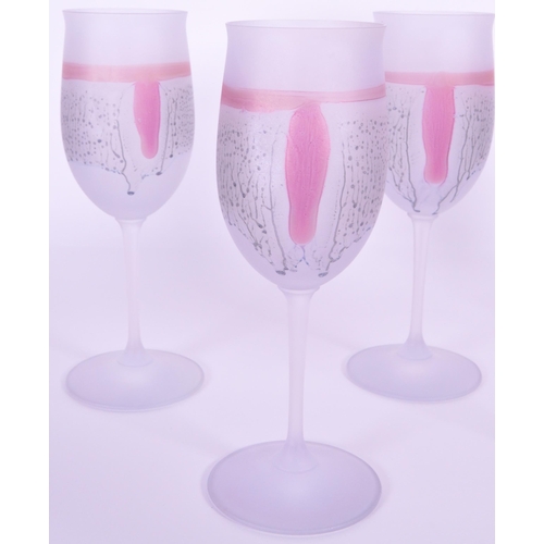 382 - A collection of six vintage mid 20th century tutti frutti wine glass flutes. Each raised on rounded ... 