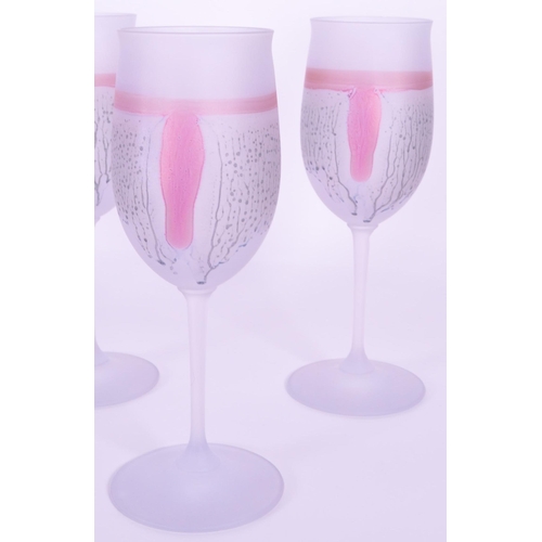 382 - A collection of six vintage mid 20th century tutti frutti wine glass flutes. Each raised on rounded ... 