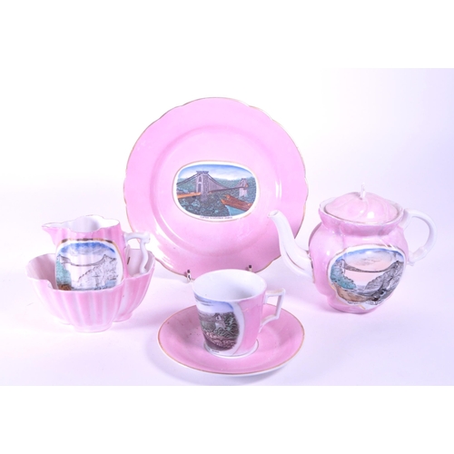 397 - 1890 Victorian pink lustre porcelain china Clifton Suspension Bridge souvenir ware. Comprised of a t... 