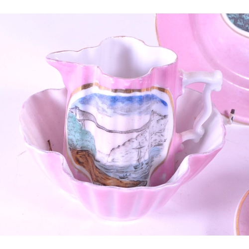 397 - 1890 Victorian pink lustre porcelain china Clifton Suspension Bridge souvenir ware. Comprised of a t... 