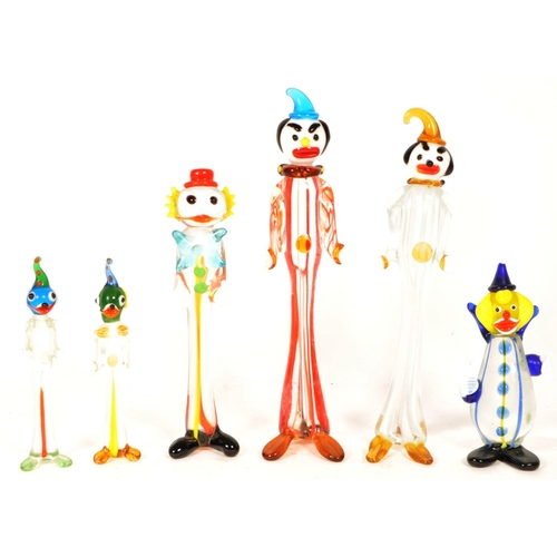 164 - Collection of six small mid century Murano style studio glass multicolored clown figures. Largest me... 