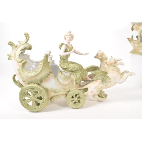 13 - Three continental 20th century bisque porcelain mantel piece planters in a green and cream colourway... 