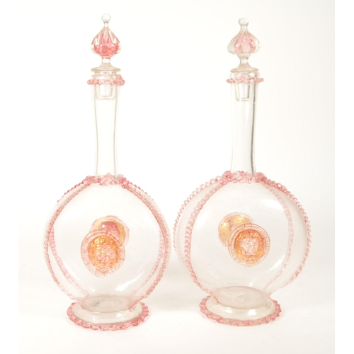 39 - Two late 19th century circa 1880 Italian Murano pink glass moonflask decanters. Salviati & Co. V... 
