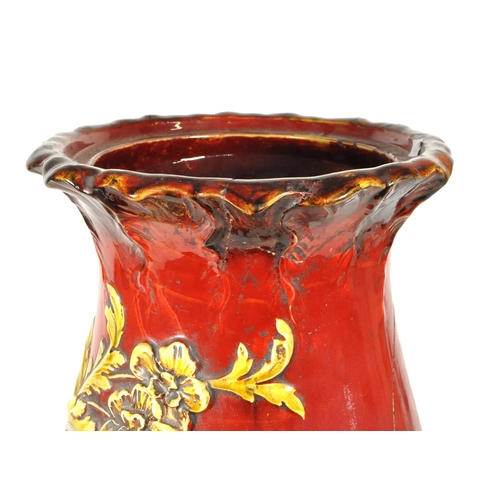 51 - 19th century Victorian large majolica earthenware floor standing vase. Featuring a burgundy / ruby g... 