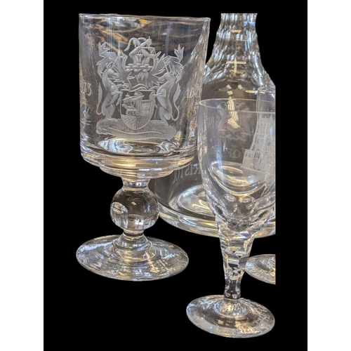 109 - 1973 Bristol 600th Anniversary glassware and china cup. Comprising six liqueur / sherry glasses, a g... 