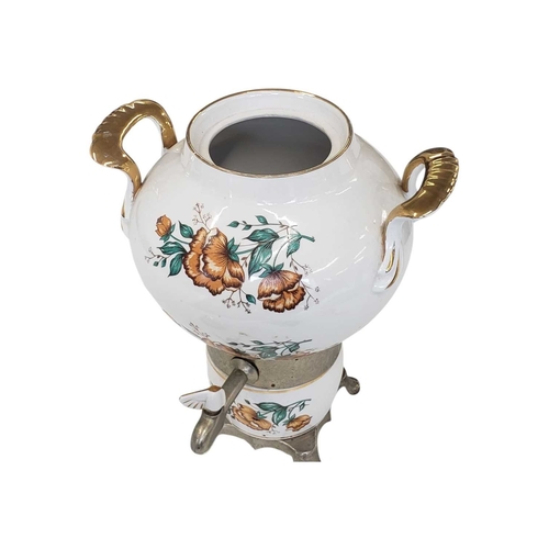 125 - A vintage 20th century Russian ceramic electric samovar / tea urn. Lidded top with twin handle and b... 