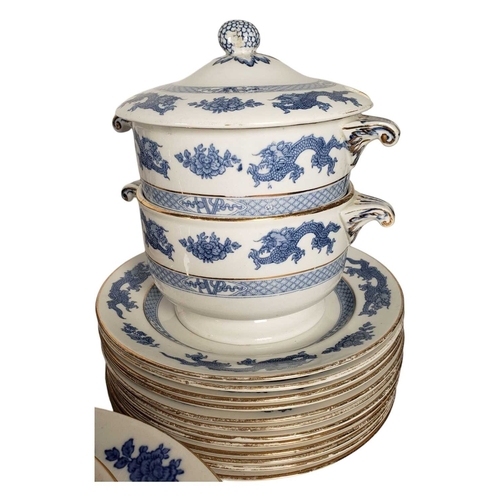 139 - Large collection of 20th century dragon patterned blue and white ironstone dinnerware. Including mak... 