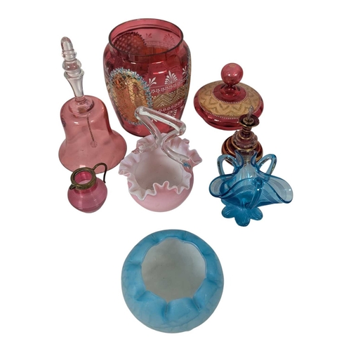 147 - A collection of 19th century and early 20th century coloured glassware. To include a Venetian gilded... 