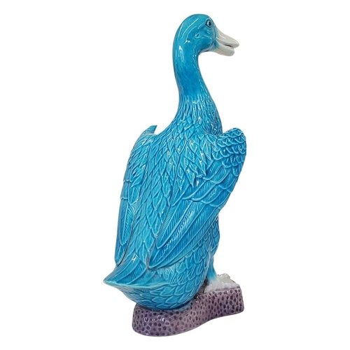 155 - Early 20th century Chinese porcelain duck figurine. Having fish scale style feathers blue colourway ... 