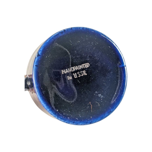 16 - A pair of 20th century cobalt blue vintage Soviet Dovbysh style porcelain cups / mugs. Decorated wit... 