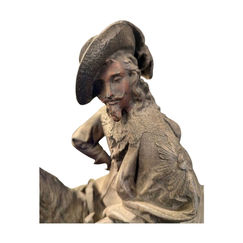 173 - Two early 20th century bronzed spelter sculptures of cavalier figures on horseback. Both raised on w... 