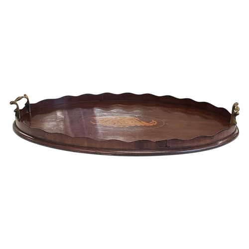 180 - Victorian 19th century mahogany inlaid serving carry tray. Shell inlaid decoration to centre in oval... 