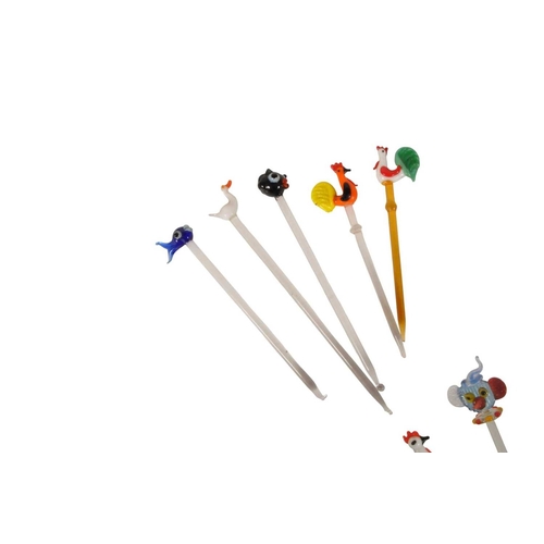 28 - Collection of mid century vintage novelty glass cocktail sticks / swizzlers. To include chickens, bo... 