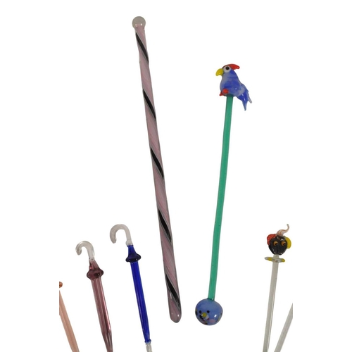 28 - Collection of mid century vintage novelty glass cocktail sticks / swizzlers. To include chickens, bo... 