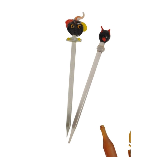 28 - Collection of mid century vintage novelty glass cocktail sticks / swizzlers. To include chickens, bo... 