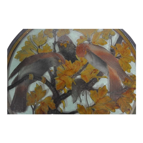 32 - 20th century vintage hand painted stained glass hanging panel. Of circular form with painted birds a... 