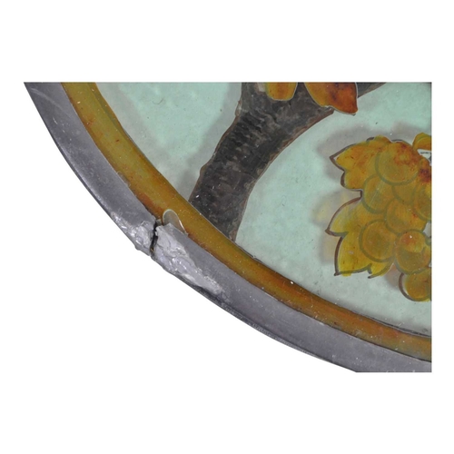 32 - 20th century vintage hand painted stained glass hanging panel. Of circular form with painted birds a... 