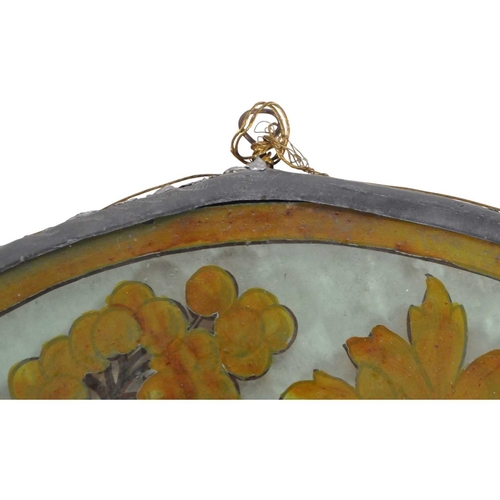 32 - 20th century vintage hand painted stained glass hanging panel. Of circular form with painted birds a... 