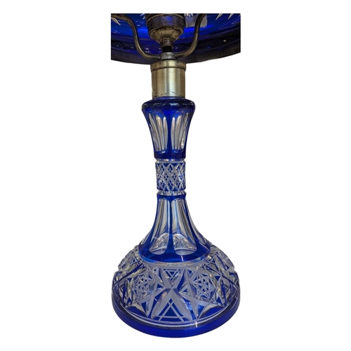63 - Early 20th century vintage Czech Bohemian cobalt blue cut glass table lamp. Featuring a mushroom sha... 